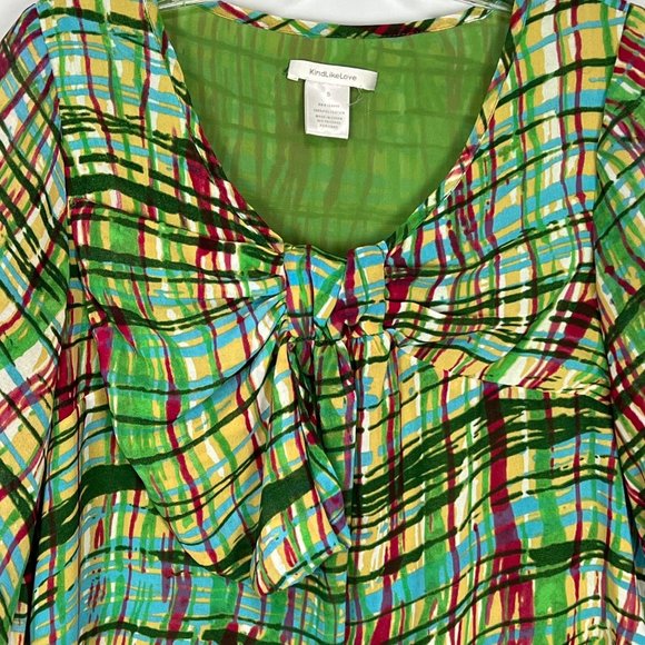 KindLikeLove Womans Green Abstract Plaid Mini Shift Dress Bow Ruffle size Small - Picture 3 of 10